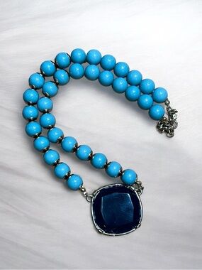 Vintage Banana Republic Turquoise Beaded Necklace with Dark Blue Pendant